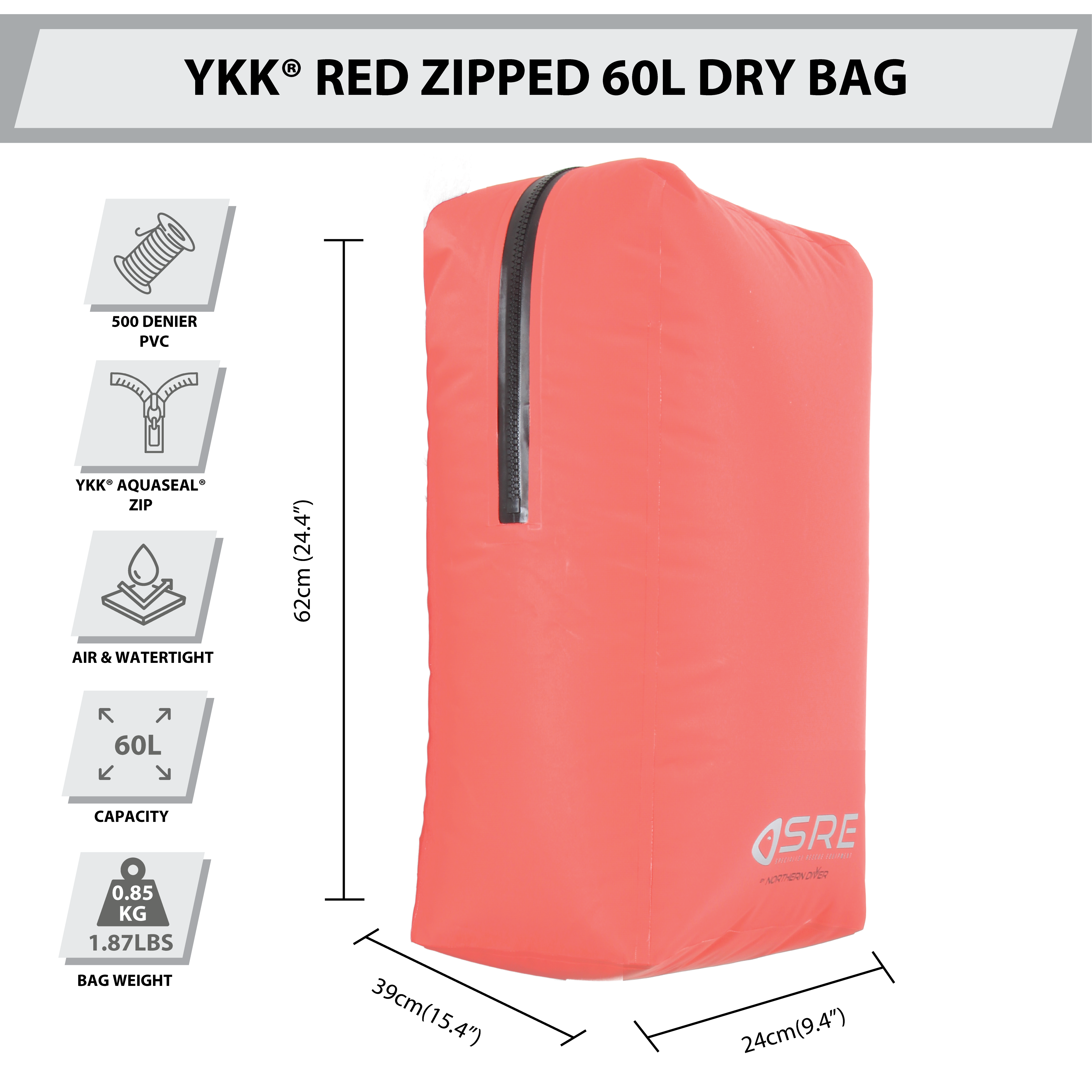 Красный гермомешок на молнии YKK® 60 л